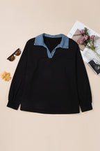 Black Solid V Neck Tunic Shift Long Sleeve Plus Size Blouse