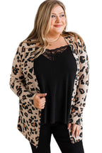 Khaki Leopard Print Long Sleeve V Neck Tunic Plus Size Cardigan