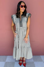 Brown Stripe Plus Size Slit V Neck Tiered Flutter Sleeve Maxi Dress