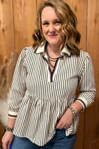 Black Stripe Patchwork Striped V Neck Tunic Plus Size Blouse