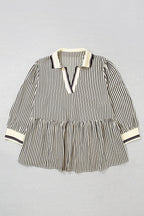 Black Stripe Patchwork Striped V Neck Tunic Plus Size Blouse