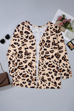 Khaki Leopard Print Long Sleeve V Neck Tunic Plus Size Cardigan