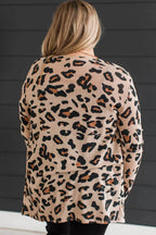 Khaki Leopard Print Long Sleeve V Neck Tunic Plus Size Cardigan