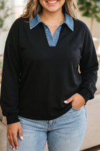Black Solid V Neck Tunic Shift Long Sleeve Plus Size Blouse